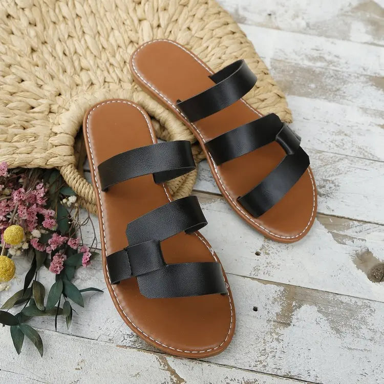 Women's Solid Color Slides, Lightweight Flat Slip On Walking Slides, Comfort Beach Slides Pi-Mart