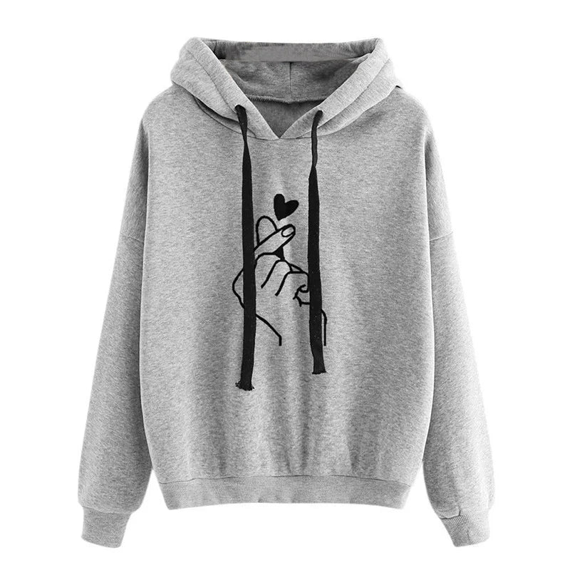Autumn Fleece Hoodie Solid Color Finger Heart Hooded Korean Fashion Sweatshirts Long Sleeve Top Drawstring Pockets Loose Hoodies LadyShow.Store