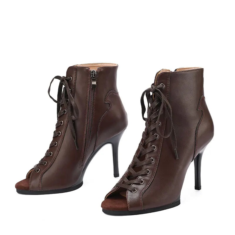 High Quality Customized Brown Latin Dance Shoes Open Toe High Heel Stiletto Boots Slim Heel 11cm Lace Up Dance Boots LadyShow.Store