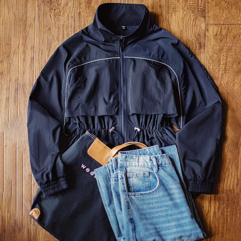 Maden Women's Lightweight Stand Collar Short Windbreaker Jacket Navy Blue Contrast Parka with Waist Cinching for Spring and Fall LadyShow.Store