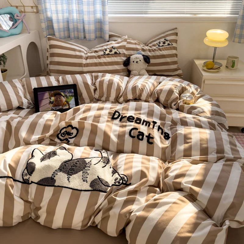 Brown Stripe Bedding Comforter Set Pillowcase bed sheet Single Full Size Bed Linen Duvet Cover Set Queen/King Double Single Bed LadyShow.Store