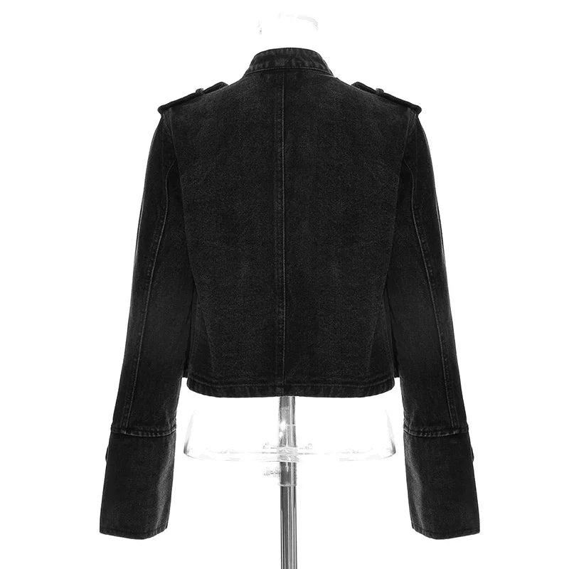 Streetwear Casual Loose Button Split Short Denim Jacket Women Fashion Spring Autumn 2026 Stand Collar Long Sleeve Jean Jacket LadyShow.Store