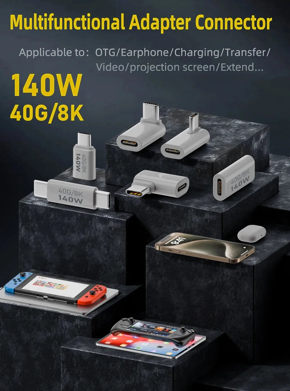 PD140W USB4.0 Type C to USB C Fast Charging Adapter Converter 40Gbps Data Sync Connector 8K@60Hz USB C OTG Adapter for MacBook Pi-Mart