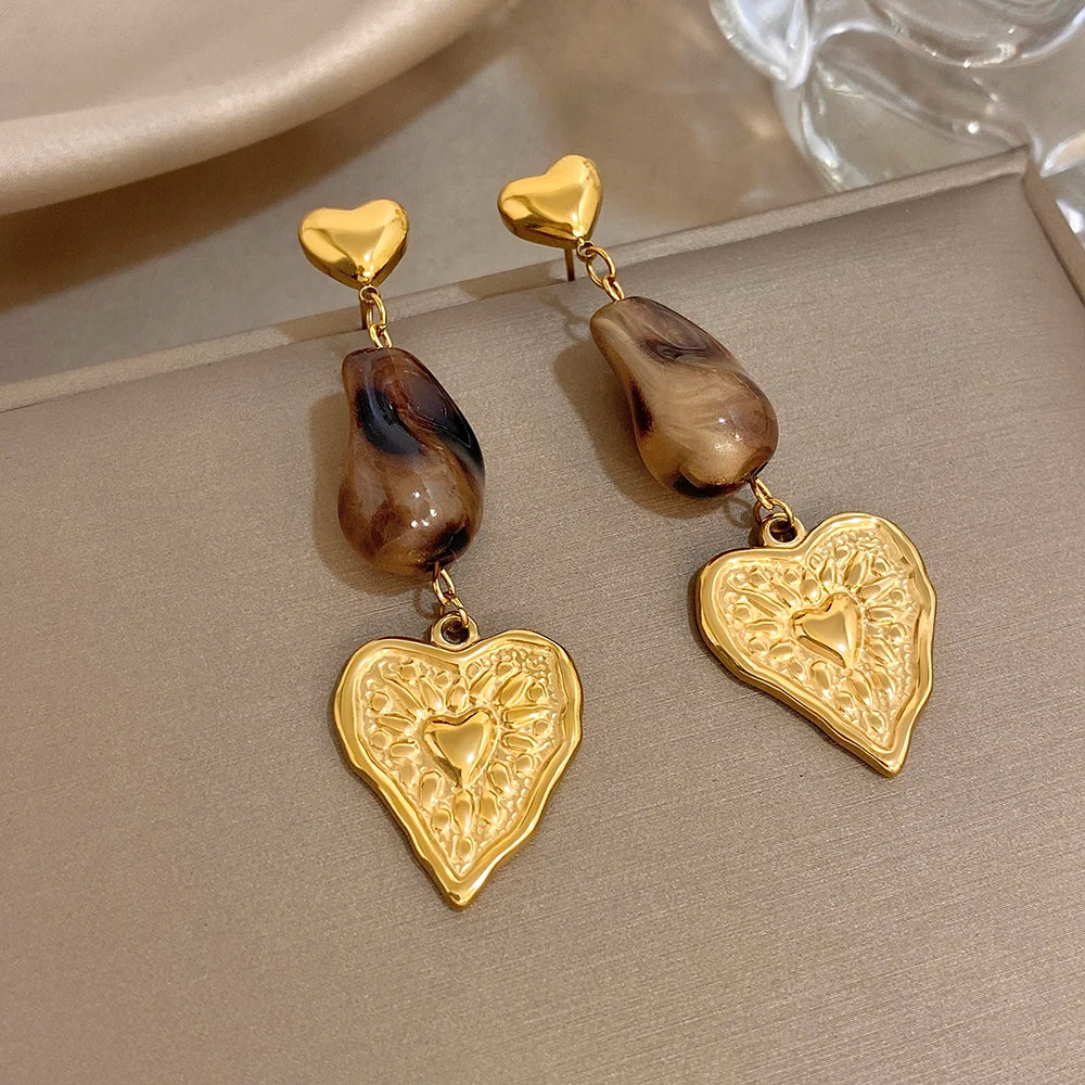 Greatera Caramel Amber Patterned Irregular Heart Earrings For Women Charm Stainless Steel Waterproof Popular Ear Accessories New Pi-Mart