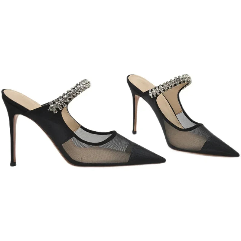 New Fashionable Thin Heel Pointed Water Diamond Mesh Hollow Sandals with Design Sense Half Dragged Muller Shoes ForOuterwear Pi-Mart