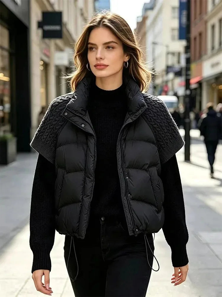 Short Puffer Jacket Sleeveless Duck Down Coat Warm Lightweight Patchwork Knitted Warm Drawstring Short Puffer Down Waistcoat LadyShow.Store