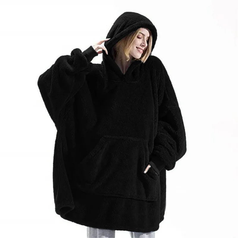 Winter Warm Unisex Double-faced Fleece Hooded Sweatshirts Casual Loose Long Thicken Pocket Pullover Batwing-sleeved Home Clothes LadyShow.Store
