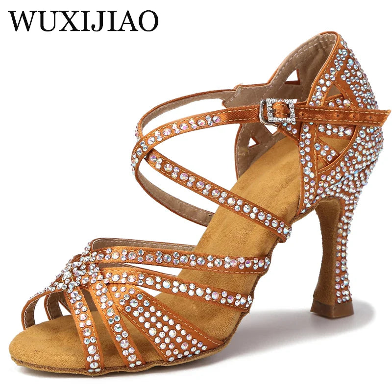 WUXIJIAO Women Party Dance Shoes Satin Shining rhinestones Soft Bottom Latin Dance Shoes Woman Salsa Dance Shoes heel LadyShow.Store