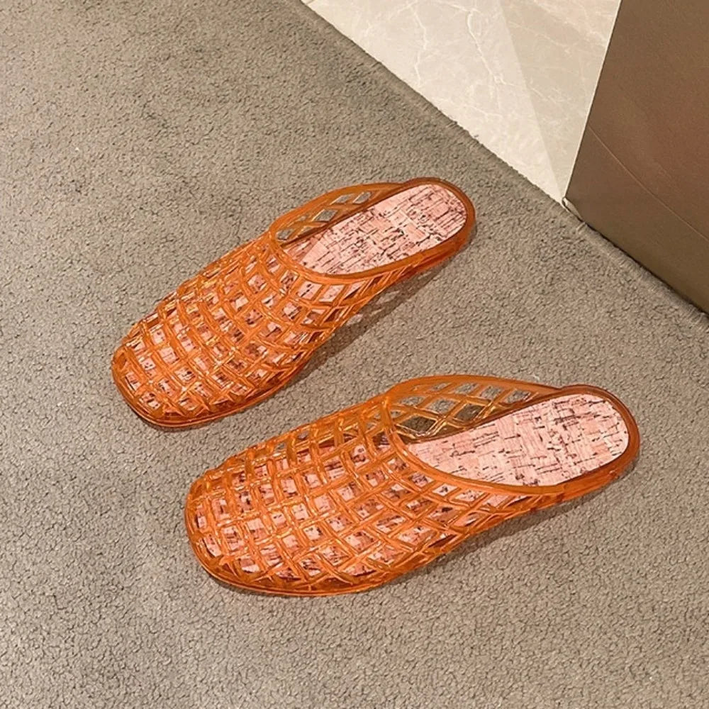 Round Toe PVC Crystal Slippers Non-Slip Soft Fishing Net Jelly Sandals Flat Low Bottom Transparent DIY Shoes Charms Shoes LadyShow.Store