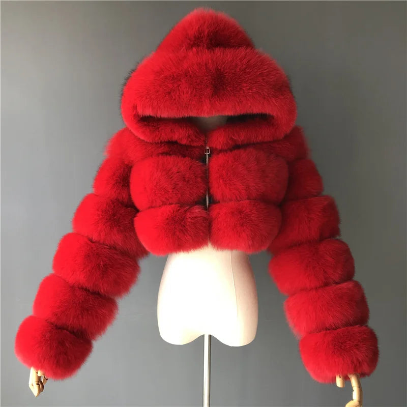 High Quality Furry Cropped Faux Fur Coats Jackets Women Fluffy Top With Hooded Winter Fur Jackets Fourrure Manteau Femme JH137 Pi-Mart