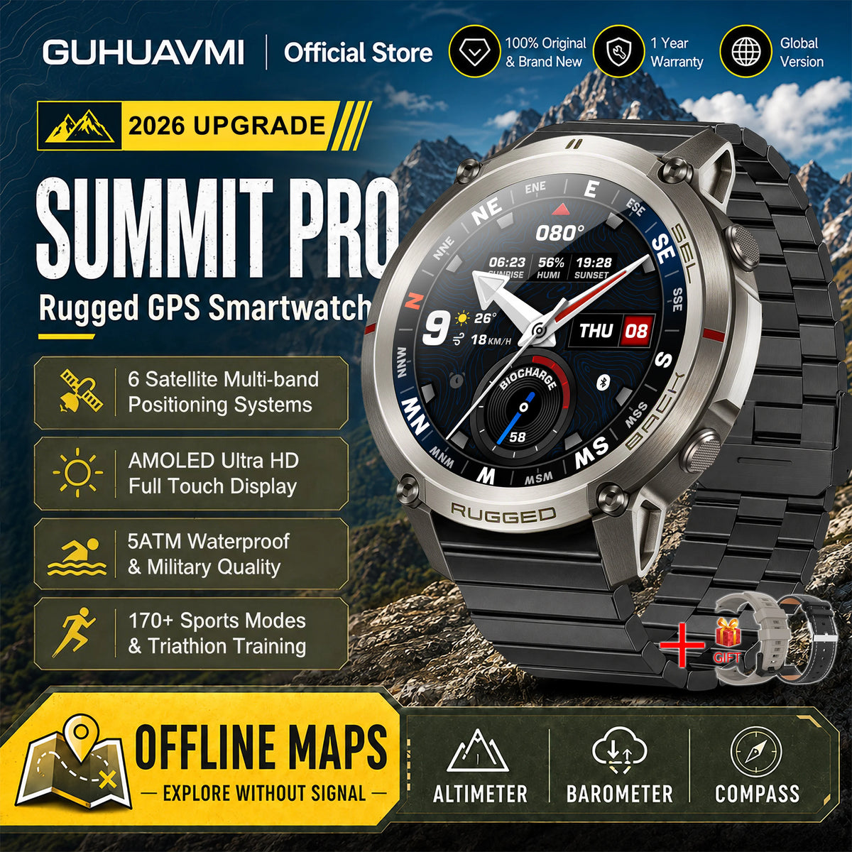 2026 Military Satellite Offline Map GPS Smart Watch Men 1.43''AMOLED Bluetooth Call Compass 5ATM Waterproof 170+Sport Smartwatch Pi-Mart