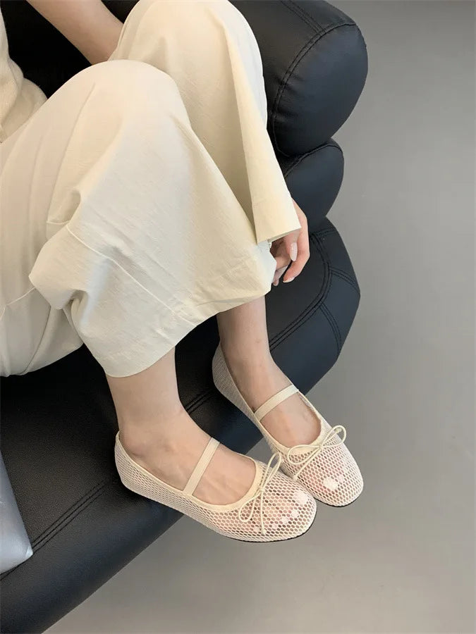 2025 New Luxury Spring/Summer Women Mesh Hollow Elastic Band Flat Bottom Non slip Casual Shoes Flat Bottom Shoes Pi-Mart