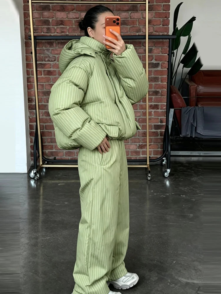 Women Striped Hooded Puffer Two Piece Outfit Oversized Cropped Jacket Baggy Pants Set Daily Outdoor Fashion Matching Outfit LadyShow.Store