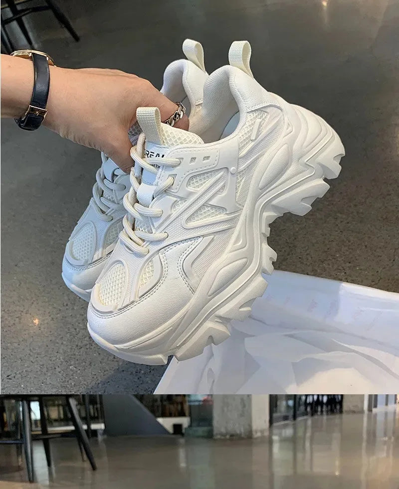 Women New Fashion Platform Sport Shoes Women 2024 New Summer Black Casual Chunky Sneakers Women Mesh Leather Platform Shoes Pi-Mart