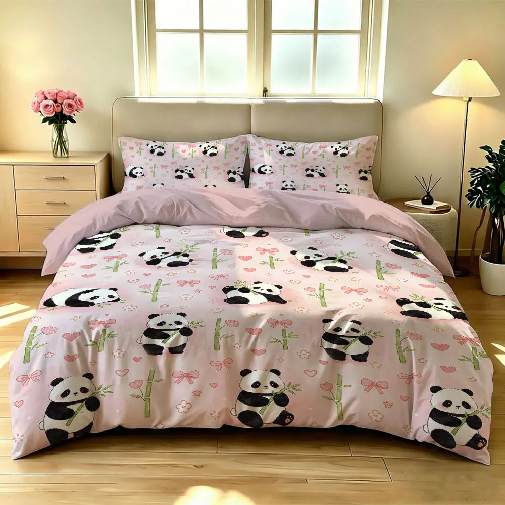 3pcs Cartoon Panda Print Coreless Duvet Cover Cool Summer Lightweight Bedding Set Multi Size Bedroom Bedding Decoration Pi-Mart