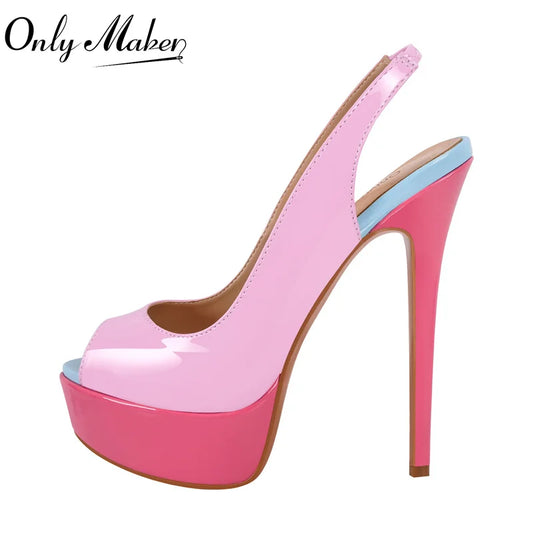 Onlymaker Pink Patent Leather Peep Toe Platform Stilettos Sandals Thin Heel Sexy Buckle Strap  Party Slingback Sandals LadyShow.Store