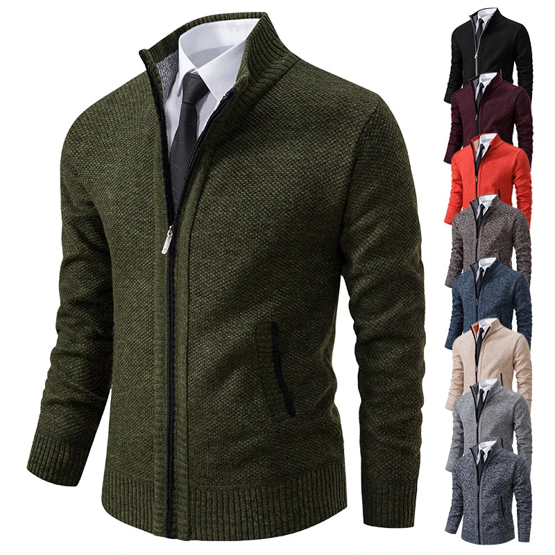 Autumn And Winter New Jersey Men's Casual Sports Coat Solid Color Stand Collar Wweater Grab Fleece Warm Zipper Cardigan Pi-Mart