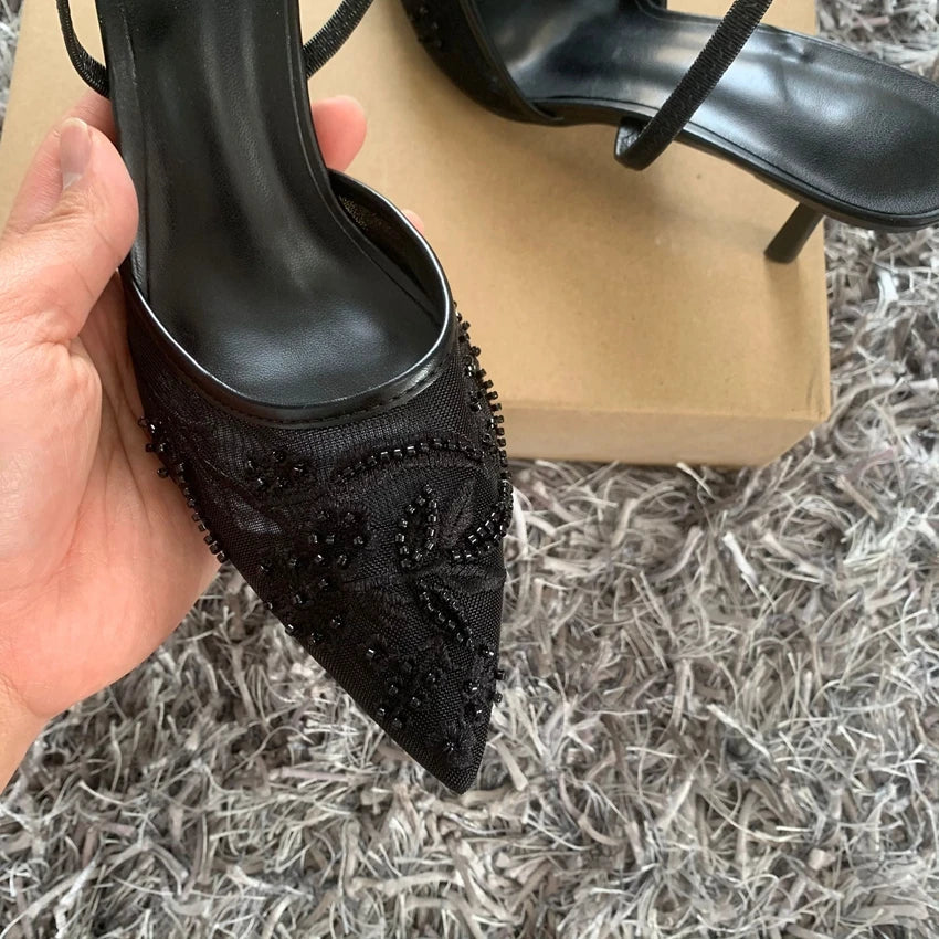 Black Embroidered Mesh Slingback High Heels Sandals for Women Designer Shoes Woman Elegant Style Wedding Party Pumps LadyShow.Store