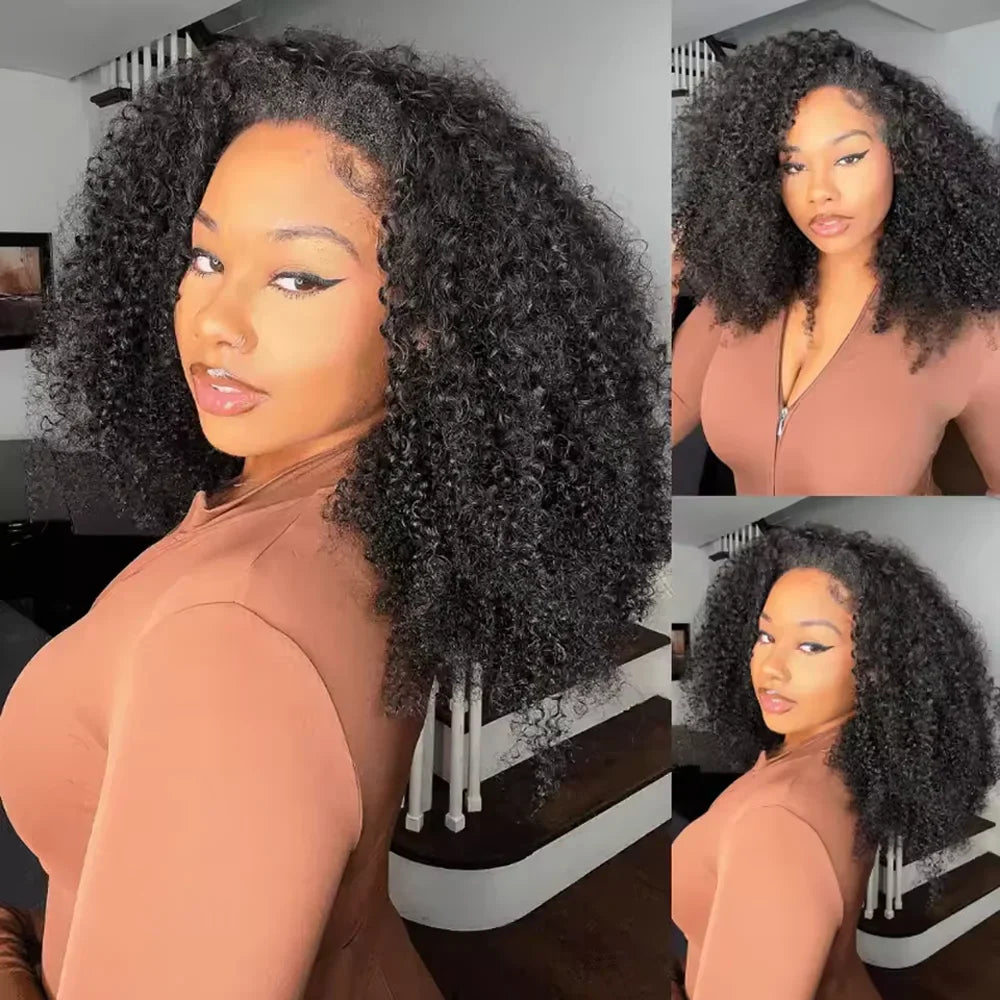 16 Inch 3 IN 1 Half Wig With Drawstring Seamless Human hair Wig Kinky Curly Headband Wig Upgrade for Women Summer Machine Wigs LadyShow.Store