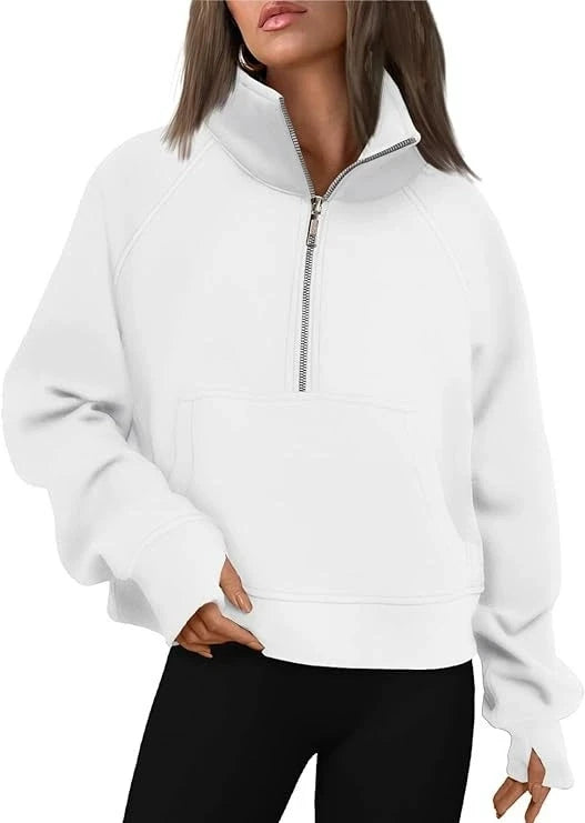 New Women's Spring Autumn Winter Stand Collar Plus Fleece Solid Color Hoodie Long Sleeve Pocket Loose Half Zip Pullover Hoodie Pi-Mart