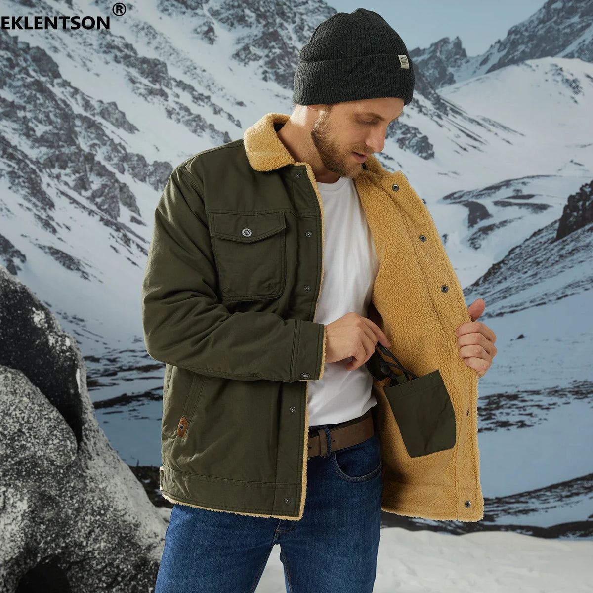 EKLENTSON Winter Fleece Hiking Jackets Men Thermal Windproof Coat Outdoor Thick Warm Cotton Cargo Work Jacket Travel Outerwear Pi-Mart