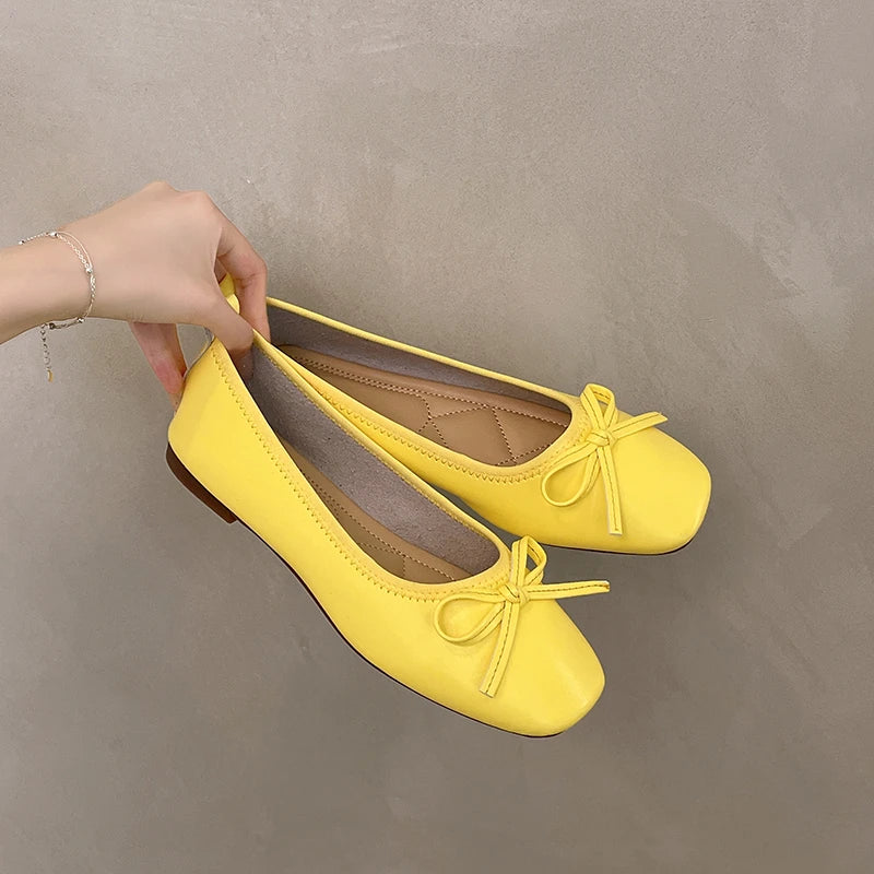 2026 Brand Women Flats Spring New Square Toe Bowknot Ladies Casual Ballet Shoes Big Size Slip on Soft Eelgant Dress Shoes 12457 Pi-Mart