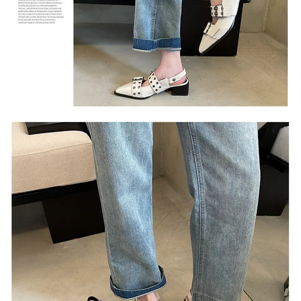 New Women Sandals Shoes Pointed Toe 2025 Spring Fashion Shallow Footwear Slingbacks Ladies Sandals Flats Shoes Big size Pi-Mart