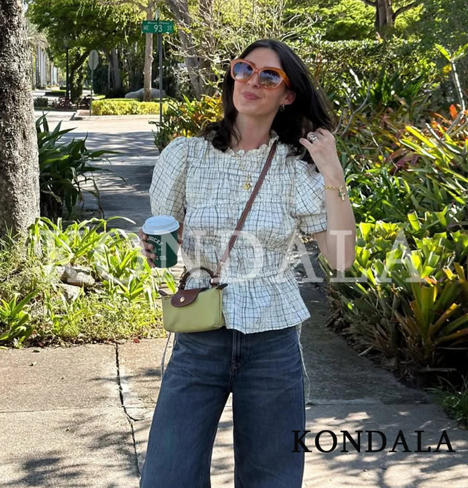 KONDALA Chic Embroidery Plaid Skirt Set Women Trendy 2026 Spring Summer Holidays Casual Set Puff Sleeve Shirts, A-Line Skirts Pi-Mart