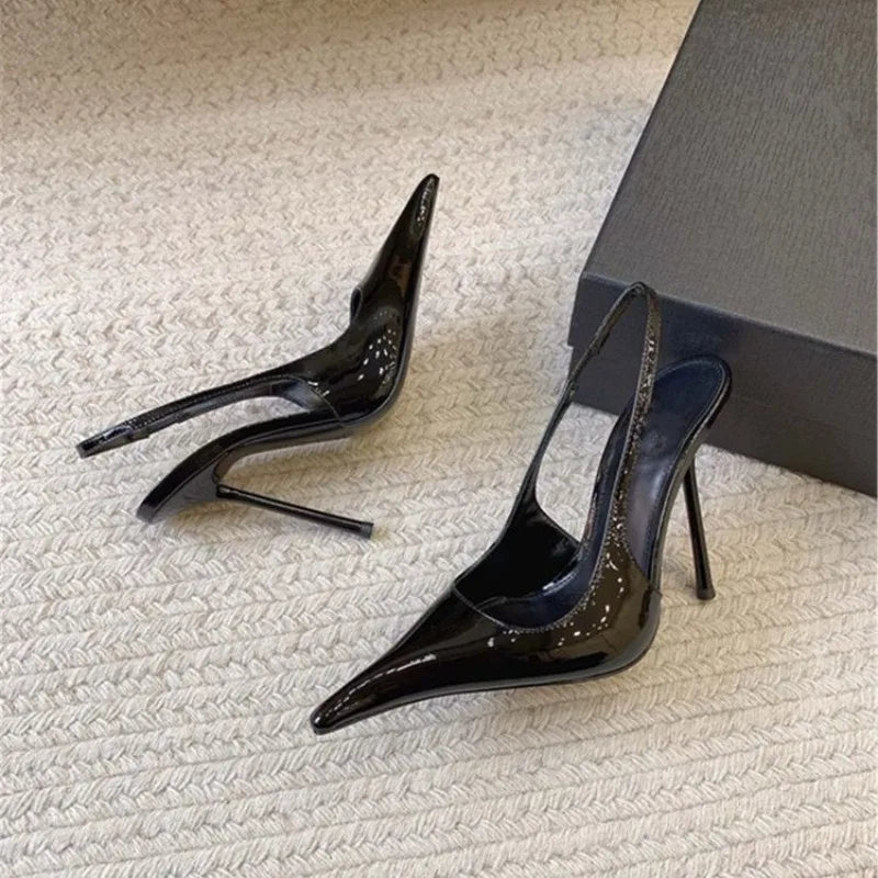 2026 Fashion Non-Slip Wear-Resistant High Heels Women's Pointed Toe Patent Leather Slip-On Sandals LadyShow.Store