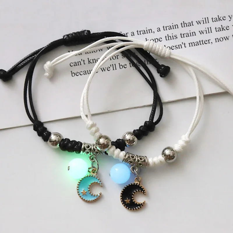 2PC Fashion Luminous Beads Star Couple Bracelet for Women Men Charm Cat Flower Heart Moon Love Matching Friend Bracelet Jewelry Pi-Mart