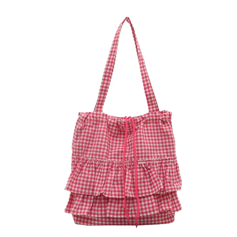 Large Capaci Cute Plaid Cotton Tote Bag  Lace Trim Women's Summer 2025 Simple Lady Handbag Soft Shoulder Bags Bolsa Feminina Pi-Mart