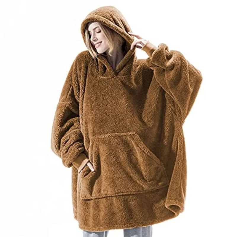 Winter Warm Unisex Double-faced Fleece Hooded Sweatshirts Casual Loose Long Thicken Pocket Pullover Batwing-sleeved Home Clothes LadyShow.Store