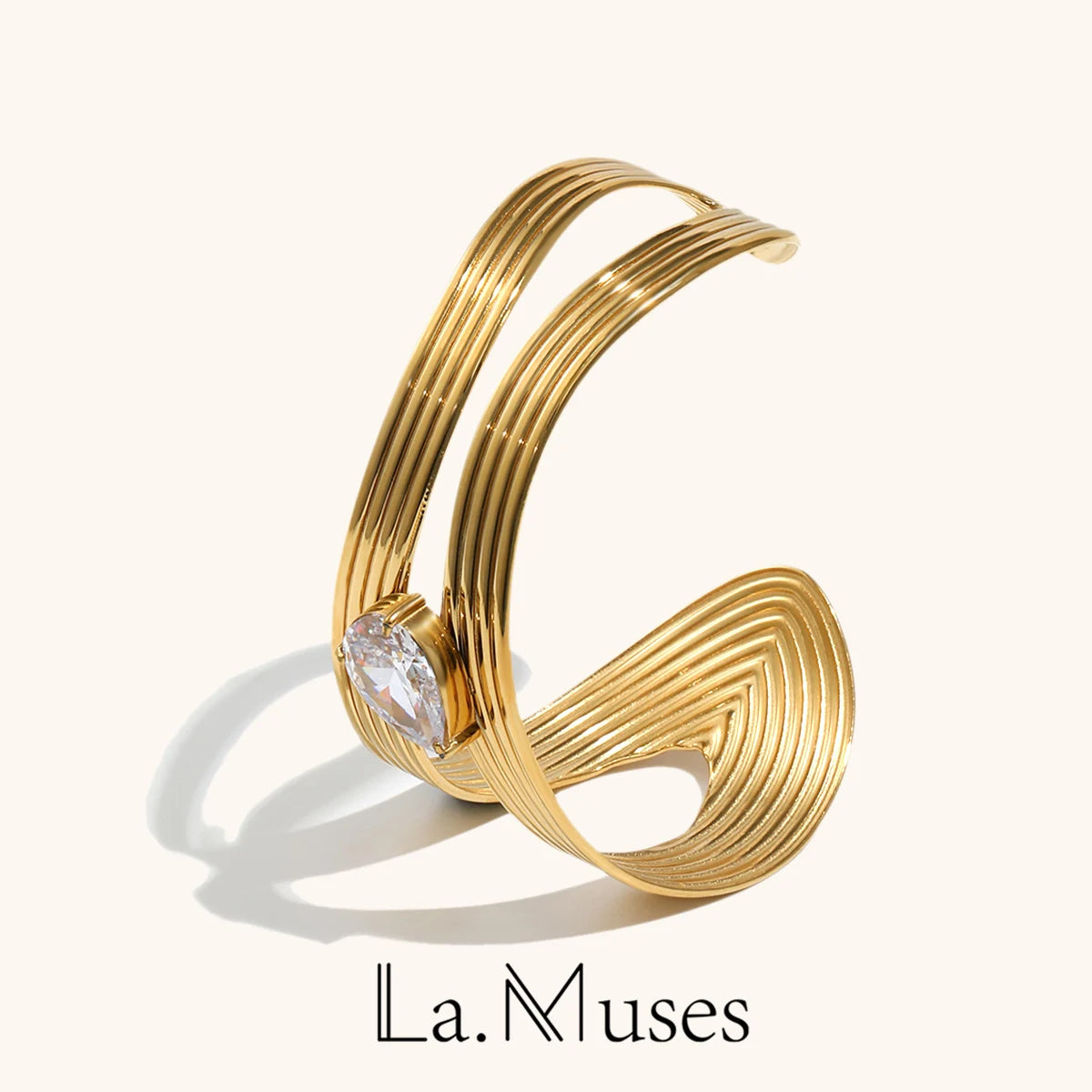 La. Muses Sparkling Zircon Stripe Asymmetric Stainless Steel Women's Bracelet PVD Gold Plated Fashion Jewelry Accessories Pi-Mart