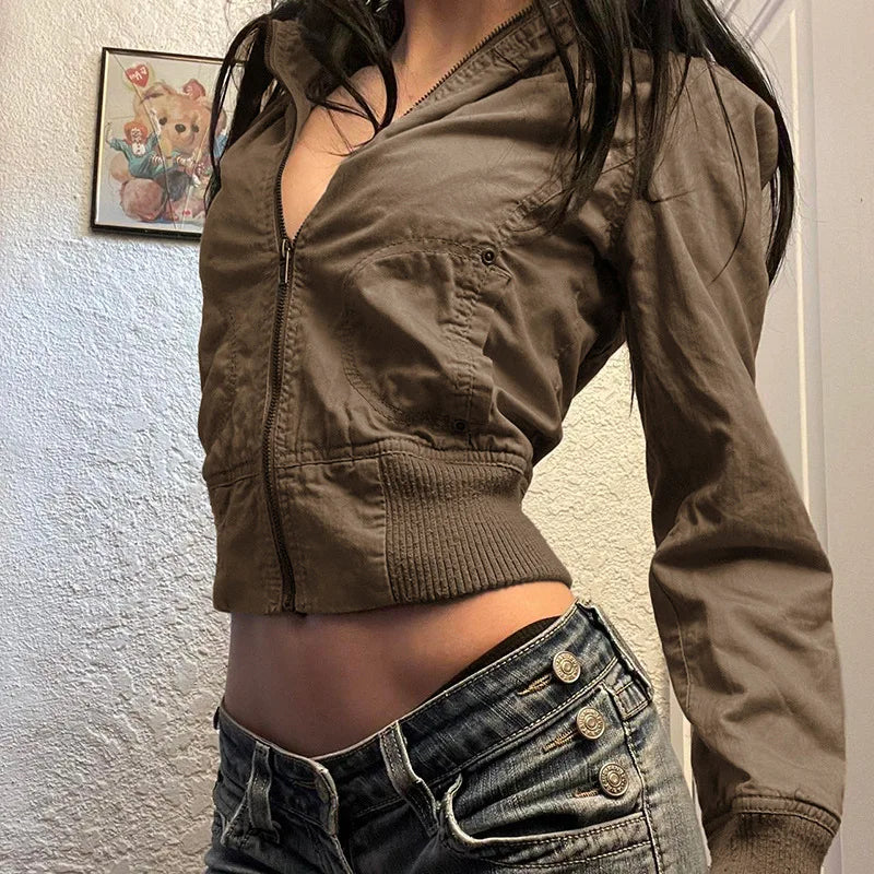Vintage Cropped Jackets for Women Harajuku Casual Slim Fit Zipper Coat Y2K Streetwear Long Sleeve Outerwear Autumn LadyShow.Store