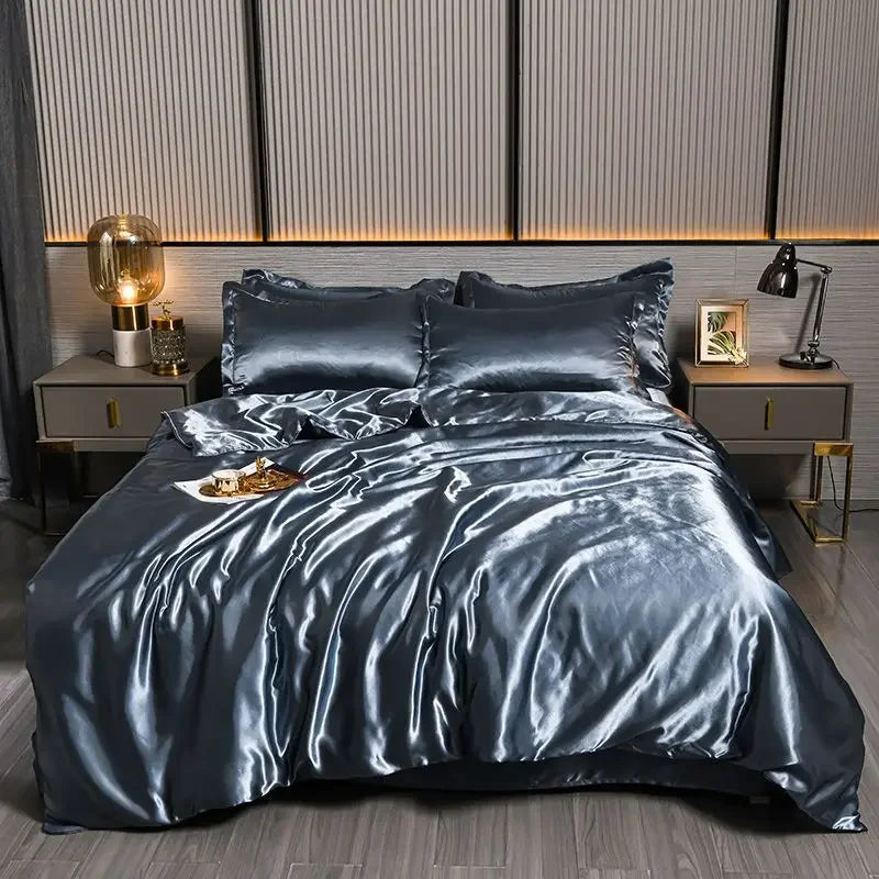 Luxury 100% Silk Bedding Set with Duvet Cover Set Double King Queen Size Bedding Cover Kit 4pcs Bed Cover Bed Linen Sets Pi-Mart