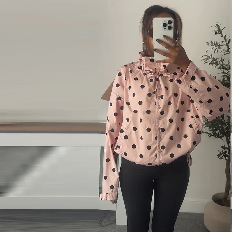 Casual Polka Dot Drawstring Jacket Women Lace Up Stand Collar Full Sleeve Single Breast Jacket 2026 Spring Lady Commute Coat New LadyShow.Store