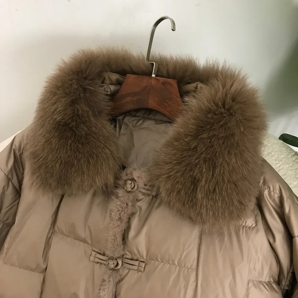 Real Fox Mink Fur Collar Coat Winter Women White Duck Down Jacket Ladies Short Warm Puffer Female Loose Vintage Parka Outerwear LadyShow.Store