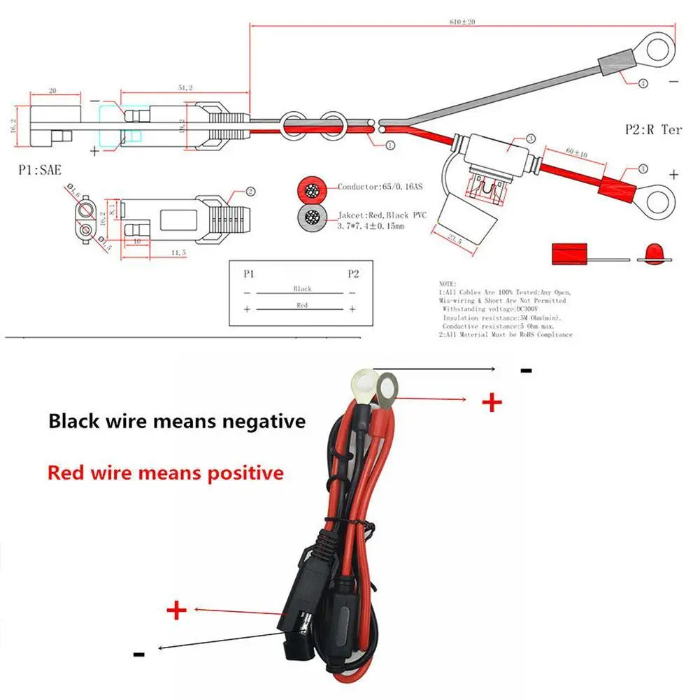 Charger Cable For Motorcycle Battery Terminal To SAE Quick Extension Cable With 10A Fuse O Connector Battery Charger Adapter Pi-Mart