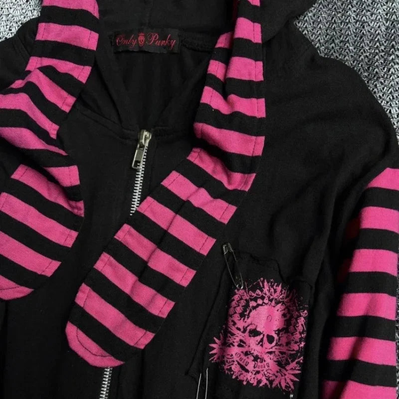 2026 Dark Pink Black Punk Skeleton Printed Striped Sleeve Hoodie Street Style Women's Zipper cardigan Wholesale LadyShow.Store