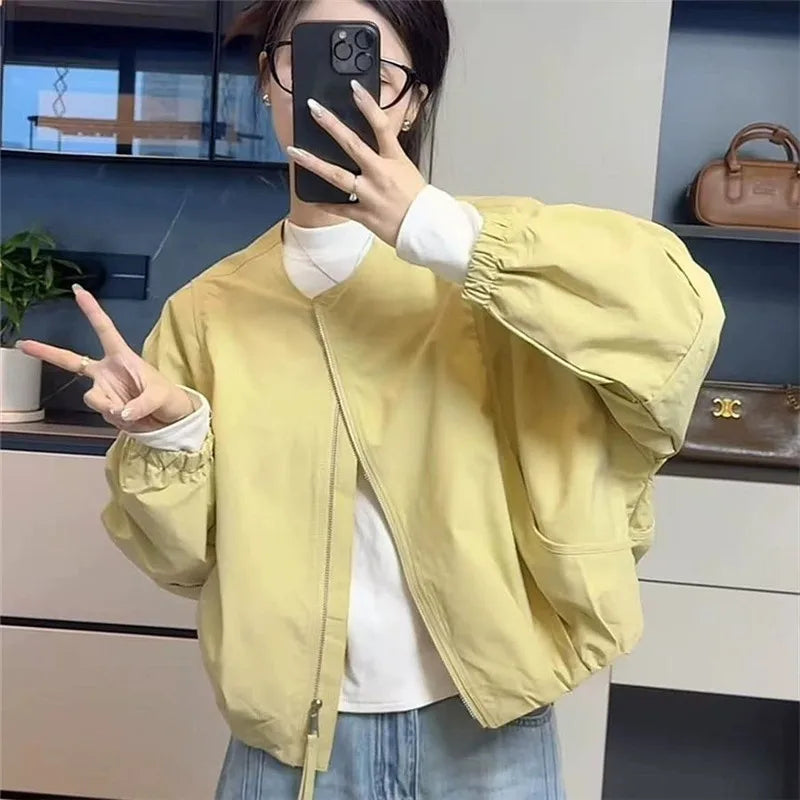 Korean Version Simple Women's Round Neck Solid Color Short Coat 2026 Spring New Female Casual Loose Jacket Joker Little Overwear Pi-Mart