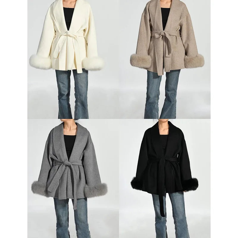 TARUXY Fox Fur Woolen Coats Women's Short Coat Office Lady Removable Elegant Double-sided Wool Overcoat 2025 New Cardigan Jacket LadyShow.Store