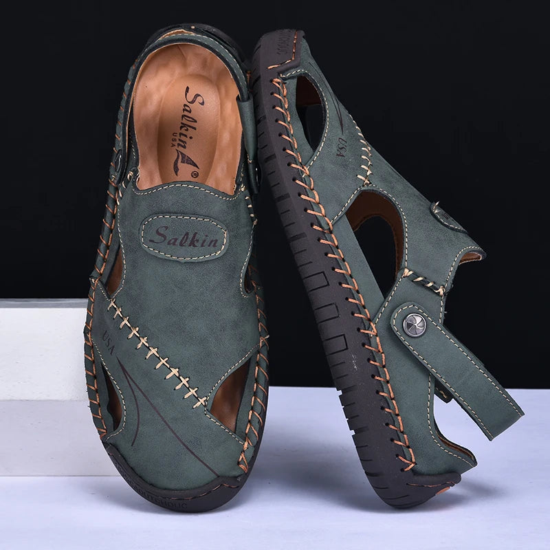 New Handmade Summer Sandals Men Breathable Leather Shoes Man Outdoor Men Sandals Antiskid Beach Sandals Hollow Shoes Fashion Pi-Mart