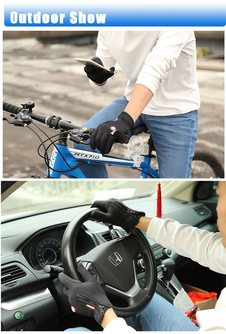 Winter Cycling Gloves Men Women Motorcycle Fleece Sport Zipper Autumn Touch Screen Warm Water-Repellent Windproof Non-slip Glove Pi-Mart