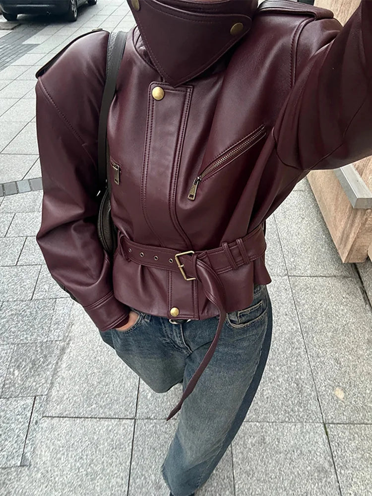 Vintage Fashion Elegant High Neck Leather Jacket 2025 New Exquisite Cinched Waist Short Coat High Street Faux Leather Clothes LadyShow.Store