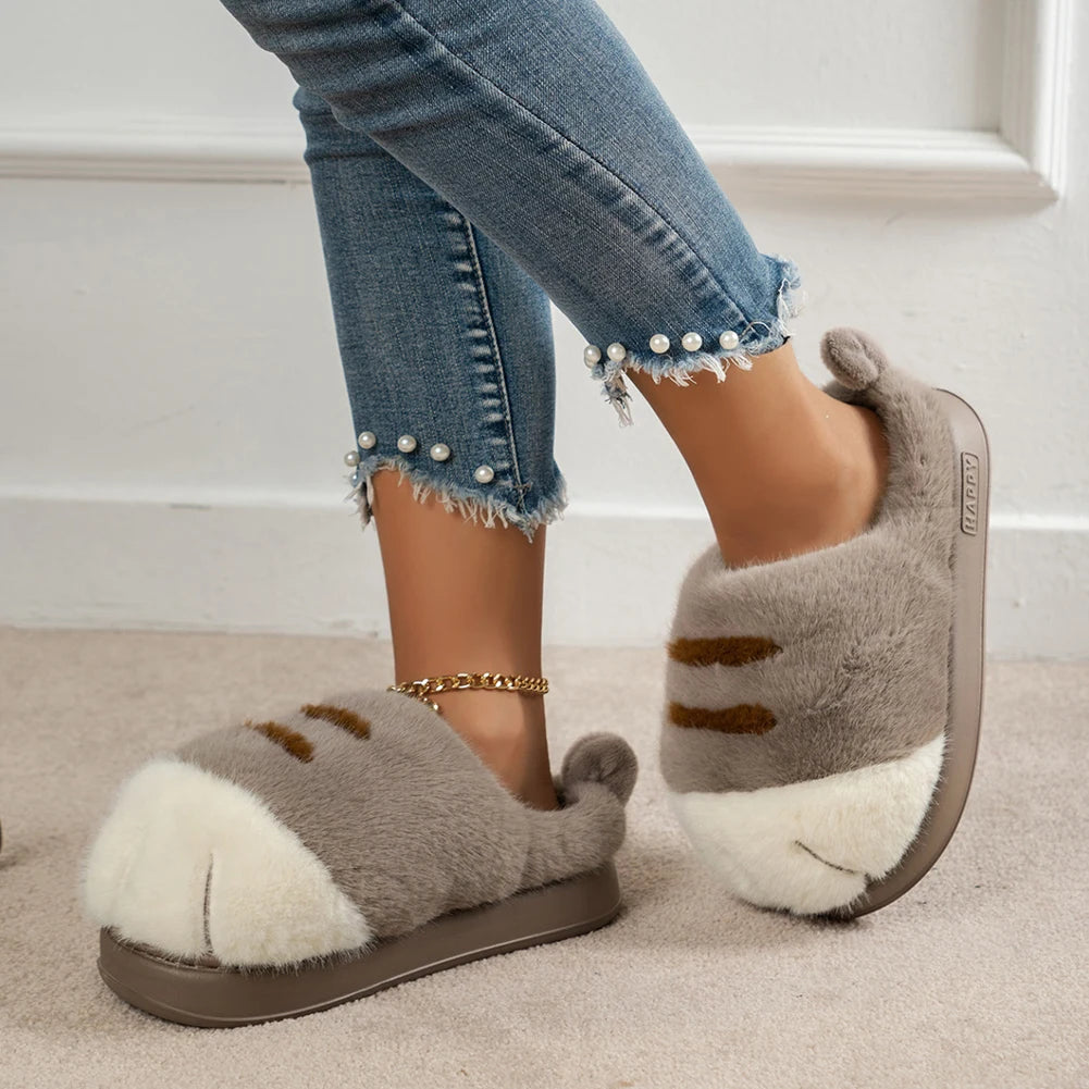 3D Cat Paw Plush Slippers Warm Slip-on House Shoes Anti Slip Flat Thermal Slippers Furry Paw Couple Slippers for Autumn Winter Pi-Mart