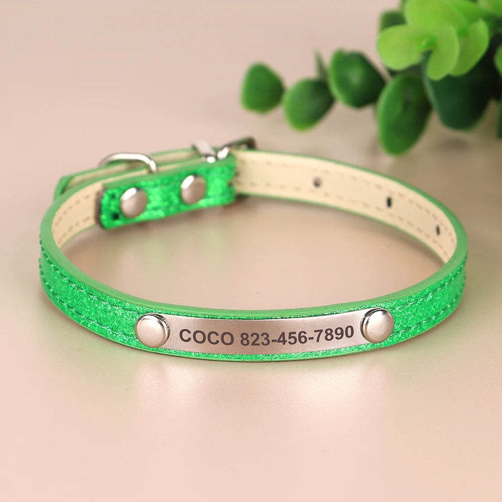 Personalized Cat Collar Custom Leather Cat Collars Free Engraved Puppy Kitten ID Necklace Bling Pet Collars for Small Dogs Cats Pi-Mart