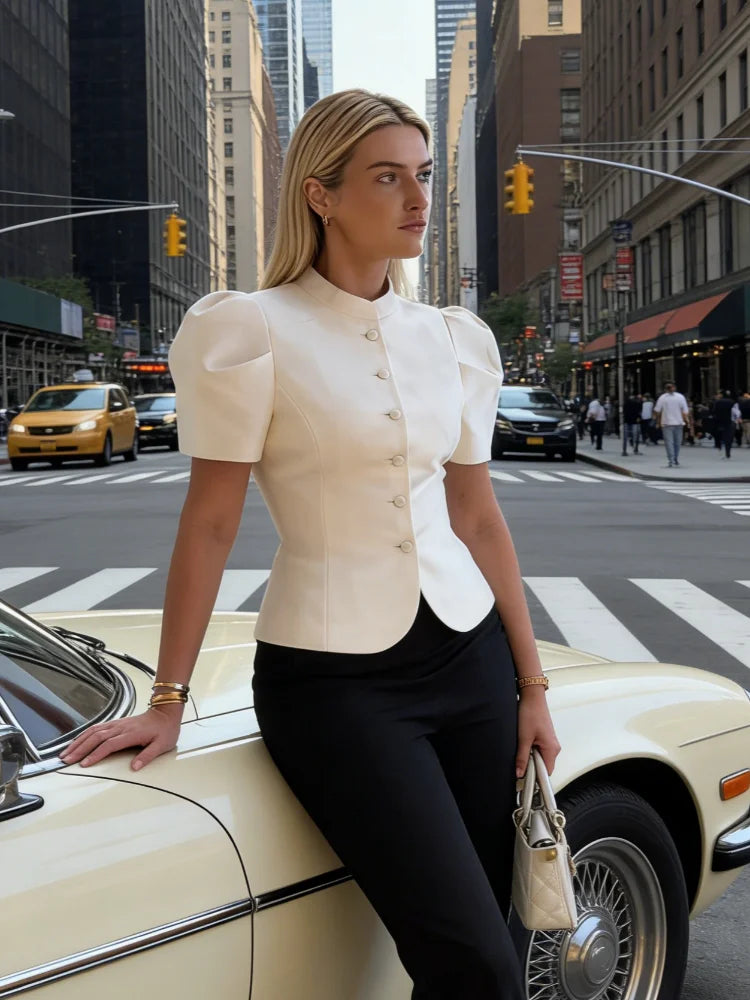 Satin Solid Round Neck Puffer Jacket Short Sleeve Slim Button Front 2026 Spring Retro Elegant Women Blouse Chic Office Lady Coat LadyShow.Store