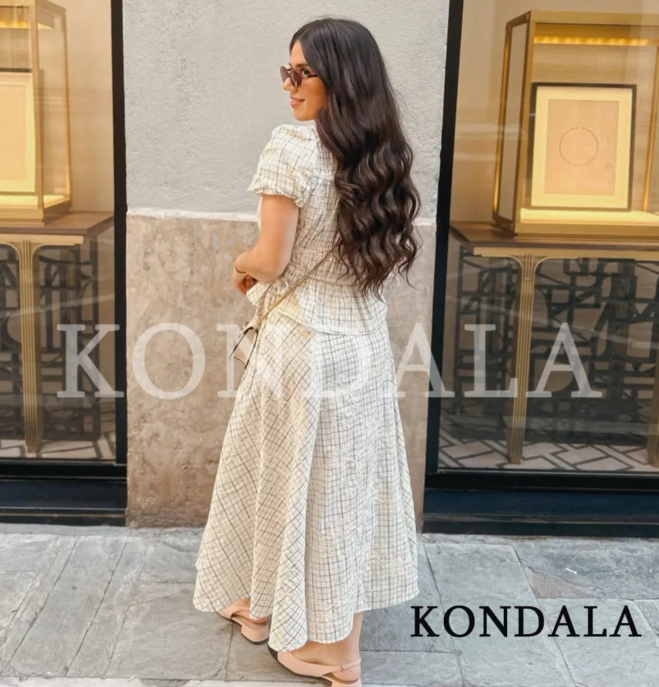 KONDALA Chic Embroidery Plaid Skirt Set Women Trendy 2026 Spring Summer Holidays Casual Set Puff Sleeve Shirts, A-Line Skirts Pi-Mart