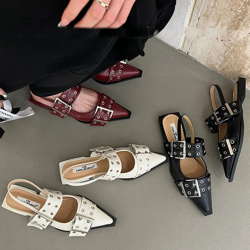 Women Flat With Shoes 2026 Designer Luxury Buckle Fashion Ladies Flats Shoes Slingback Pointed Toe Casual Female Sandals Mules Pi-Mart