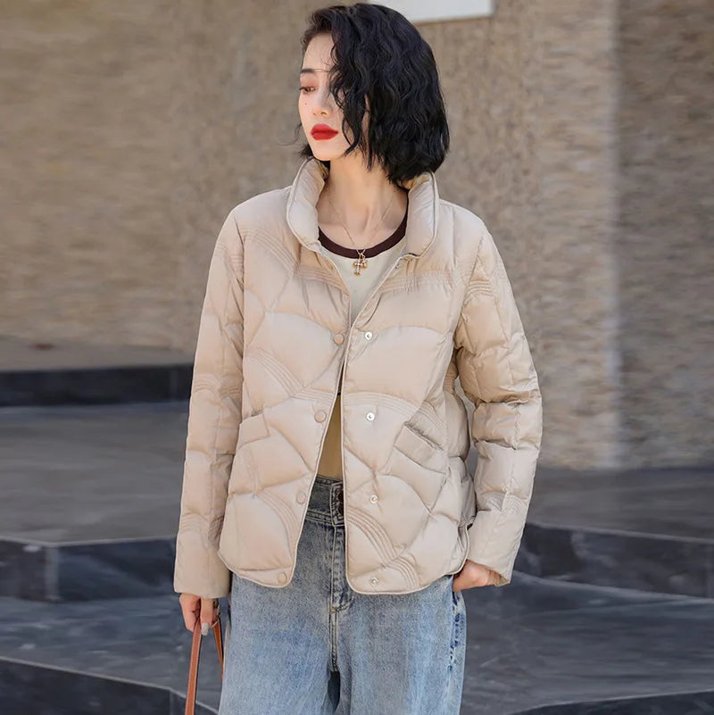 Women's Winter Short Down Jacket Stand Collar Plaid Solid White Duck Down Coat Lady Puffer Jackets  max mara пуховик JK-229 LadyShow.Store